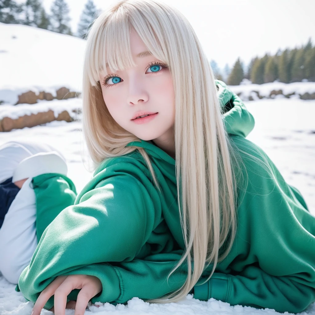 Pale blonde age girl with bangs and blue-green eyes soft silky hair, with a long white sweatshirt and white pants taking a photo in the snow lying on the ground and making faces