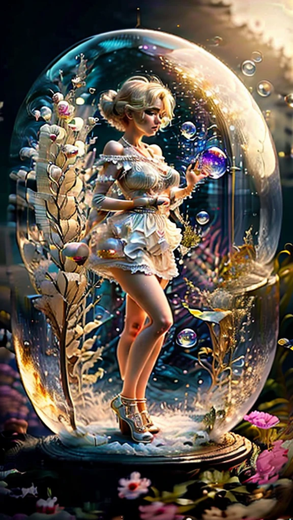21 year old woman, blonde, sexly, linda, short dress, Inside a soap bubble, huge soap bubble, woman inside a soap bubble floating in a garden, big and soft breast