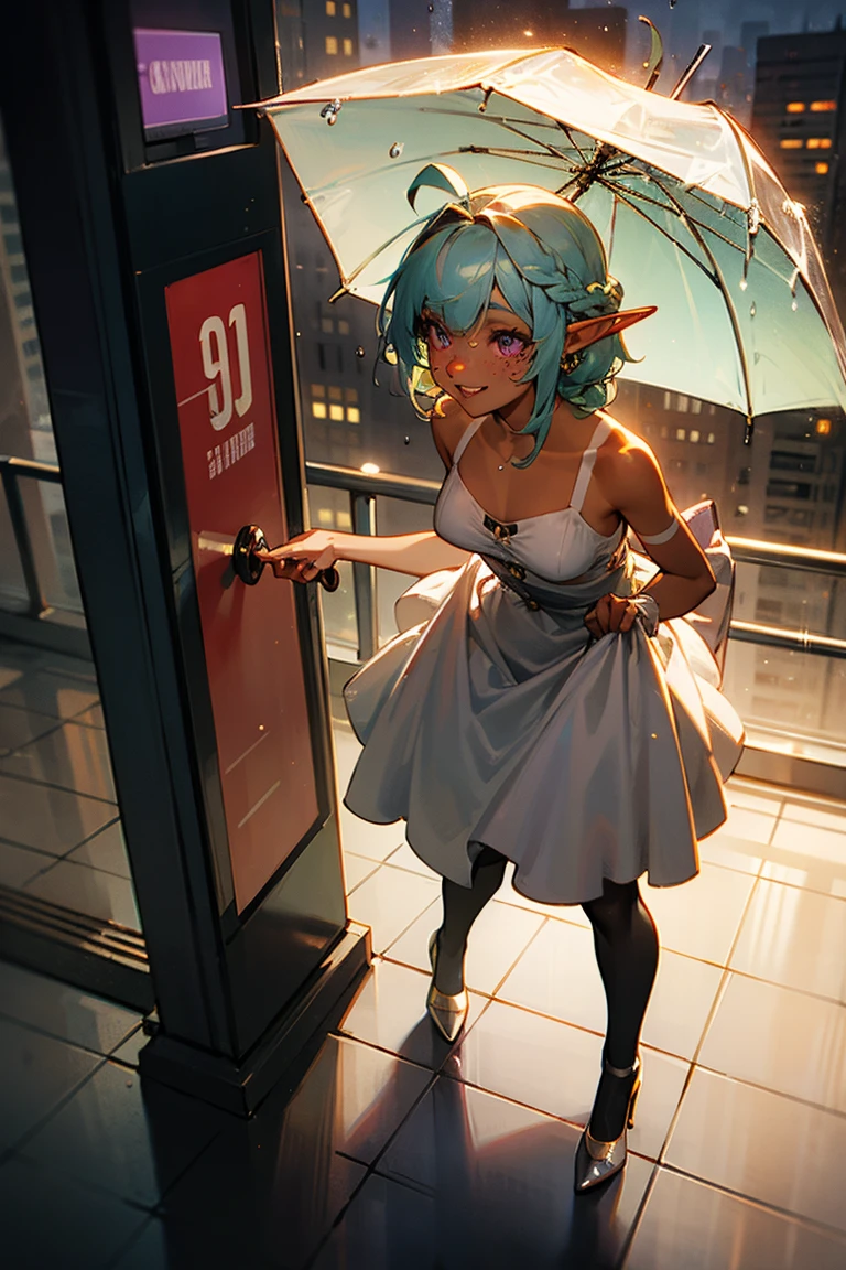 (masterpiece), best quality, 8k, Professional photography, highly detailed, (purple eyes), chiaroscuro, dynamic lighting, high Elf, (tan skin:1.3), pastel green hair, ((ahoge french braid:1.2)), small breast:1.3, small hips, big waist:1.2, (pink lips), eyeliner, (freckles), elf ears, (dress pull:1.6), from above,
BREAK,
diamond earrings, gold tiara, toothy smile,
BREAK,
Elven vintage style retro mini dress, sheer nude pantyhose, vintage heels, classic jewelry, pantyhose with retro patterns,
BREAK,
Modern downtown area high-rise buildings with rain-streaked windows, bustling crowd with raincoats and umbrellas, sleek, glass-covered bus stops, reflections of city lights in puddles, cyclists with waterproof gear, occasional commuter dashing for cover,