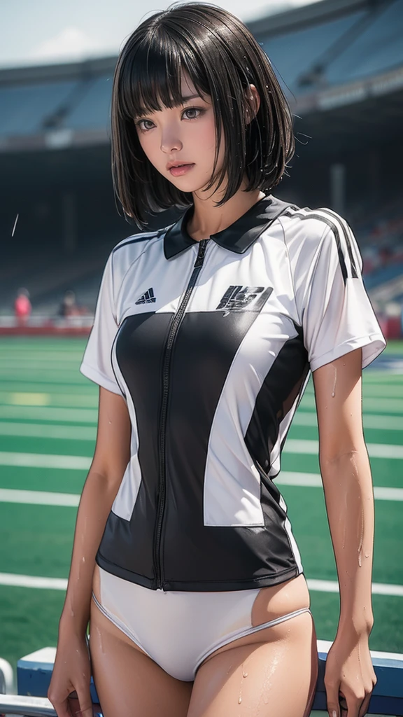 ((, Very slim)), rain, heavy rain, Black Hair, Bobcut, Athletics Stadium, (Track and field uniforms, White, Wet Hair, Wet Skin, Wet clothes)