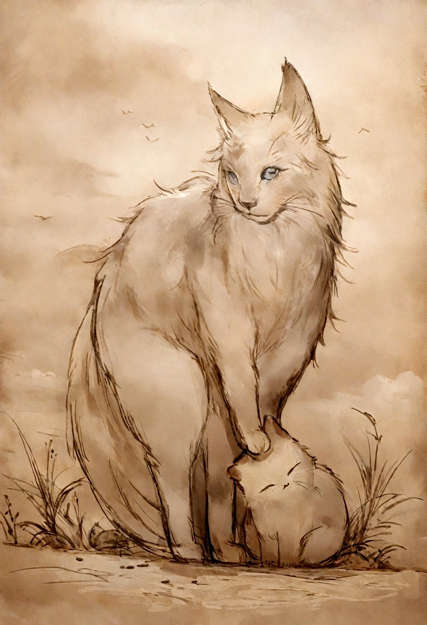 Drawing of a fox carrying a bird across a field, A sketch, on dark paper, a A painting of a cat, animal, muddy fur, A painting of a cat, tundra, Weathering Painting, Illustration of a cat, Edwin Landseer (Edwin Landseer) of inspiration, Style Bev Doolittle, Pen drawing, Draw with photoshop
