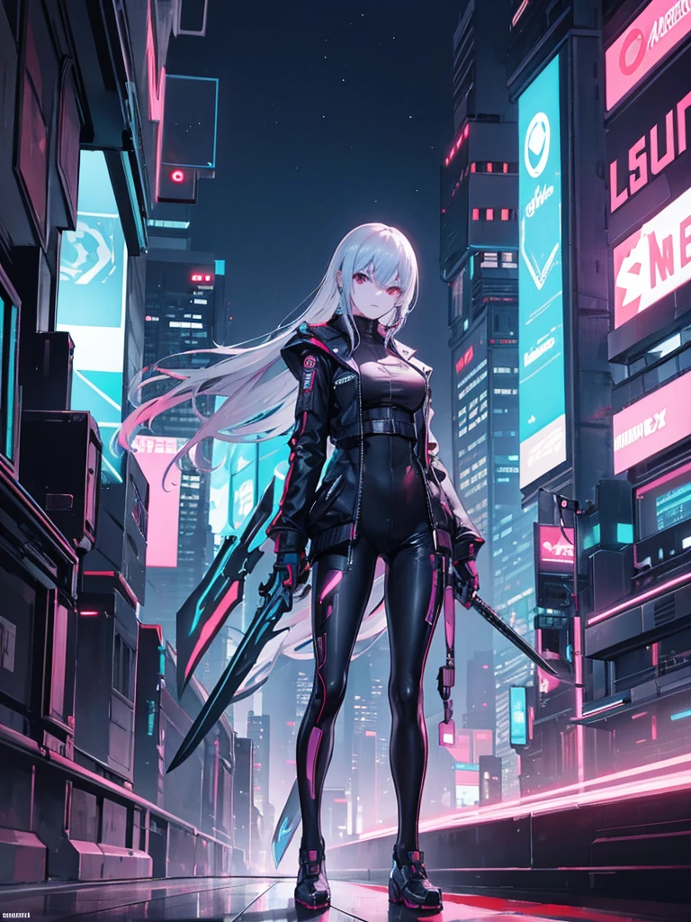 Cyberpunk: A slender girl is holding a sword and driving a futuristic motorcycle. Night city