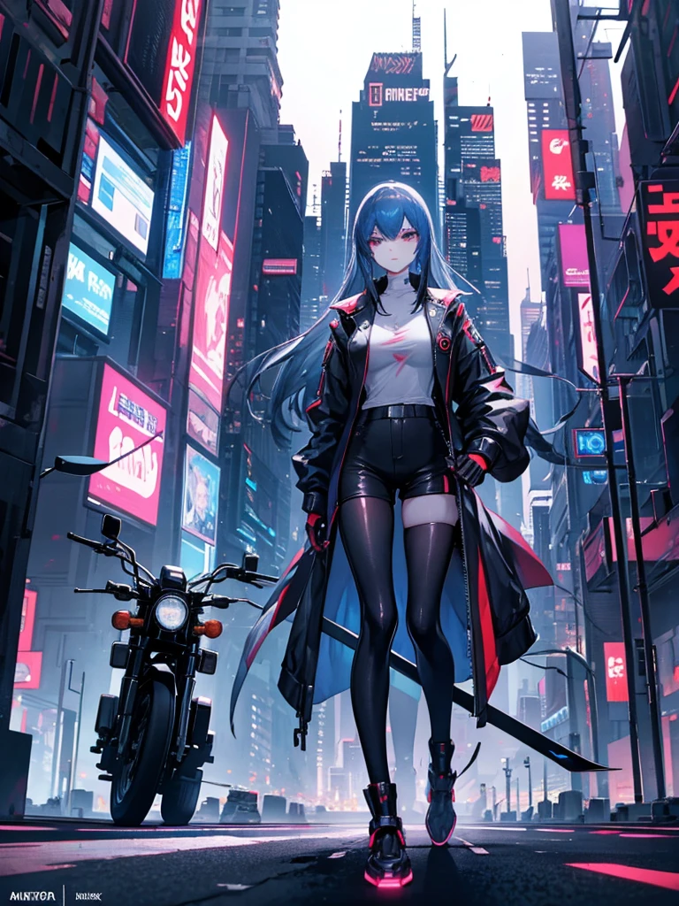 Cyberpunk: A slender girl is holding a sword and driving a futuristic motorcycle. Night city