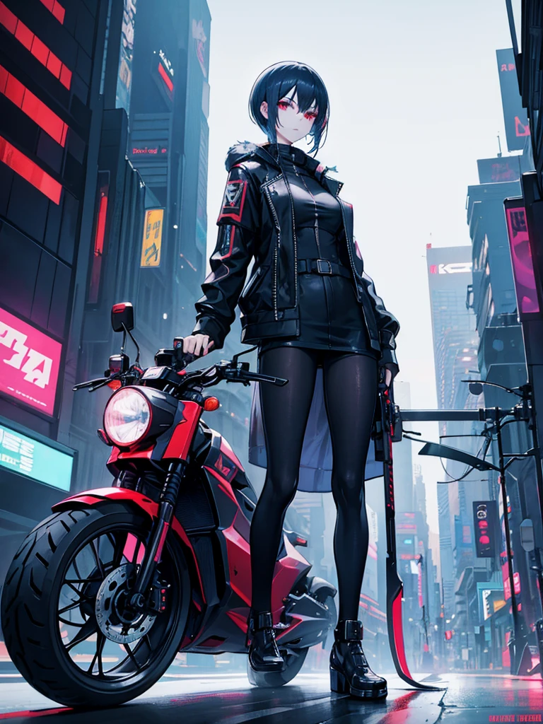 Cyberpunk: A slender girl is holding a sword and driving a futuristic motorcycle. Night city