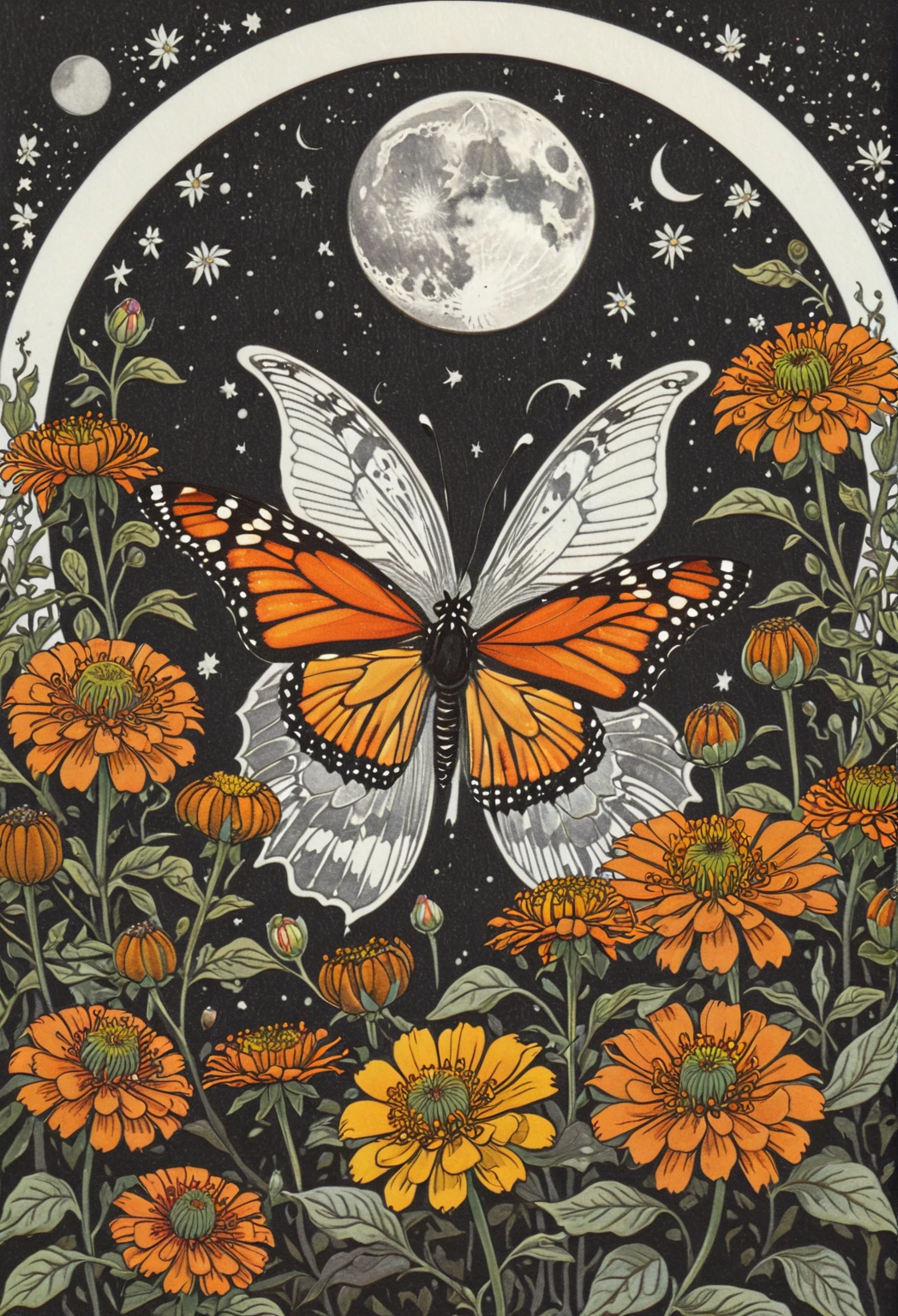 symmetric, balanced, monarch butterfly at the center of the moon surrounded by a frame of zinnia flowers, dark amber and gray colors, ephemeral patterns, witchcore aesthetics, cloisonnism, eleanor vere boyle, Ivan Bilibin Style page, lks73zb1, Inkdrawing, by Kr355e