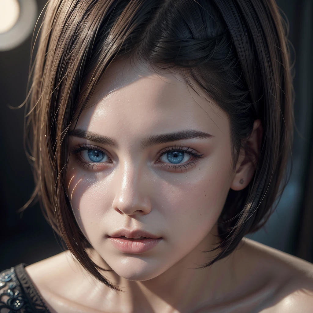 a young latin american woman with short bob haircut and bangs, beautiful detailed blue eyes, detailed face, detailed skin, female, portrait, oil painting, masterpiece, photorealistic, intricate details, dramatic lighting, warm color tones, cinematic composition