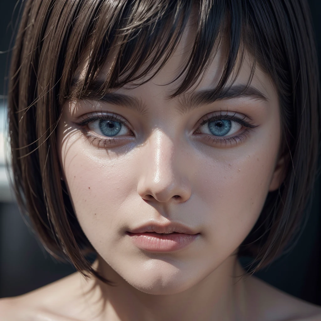 a young latin american woman with short bob haircut and bangs, beautiful detailed blue eyes, detailed face, detailed skin, female, portrait, oil painting, masterpiece, photorealistic, intricate details, dramatic lighting, warm color tones, cinematic composition