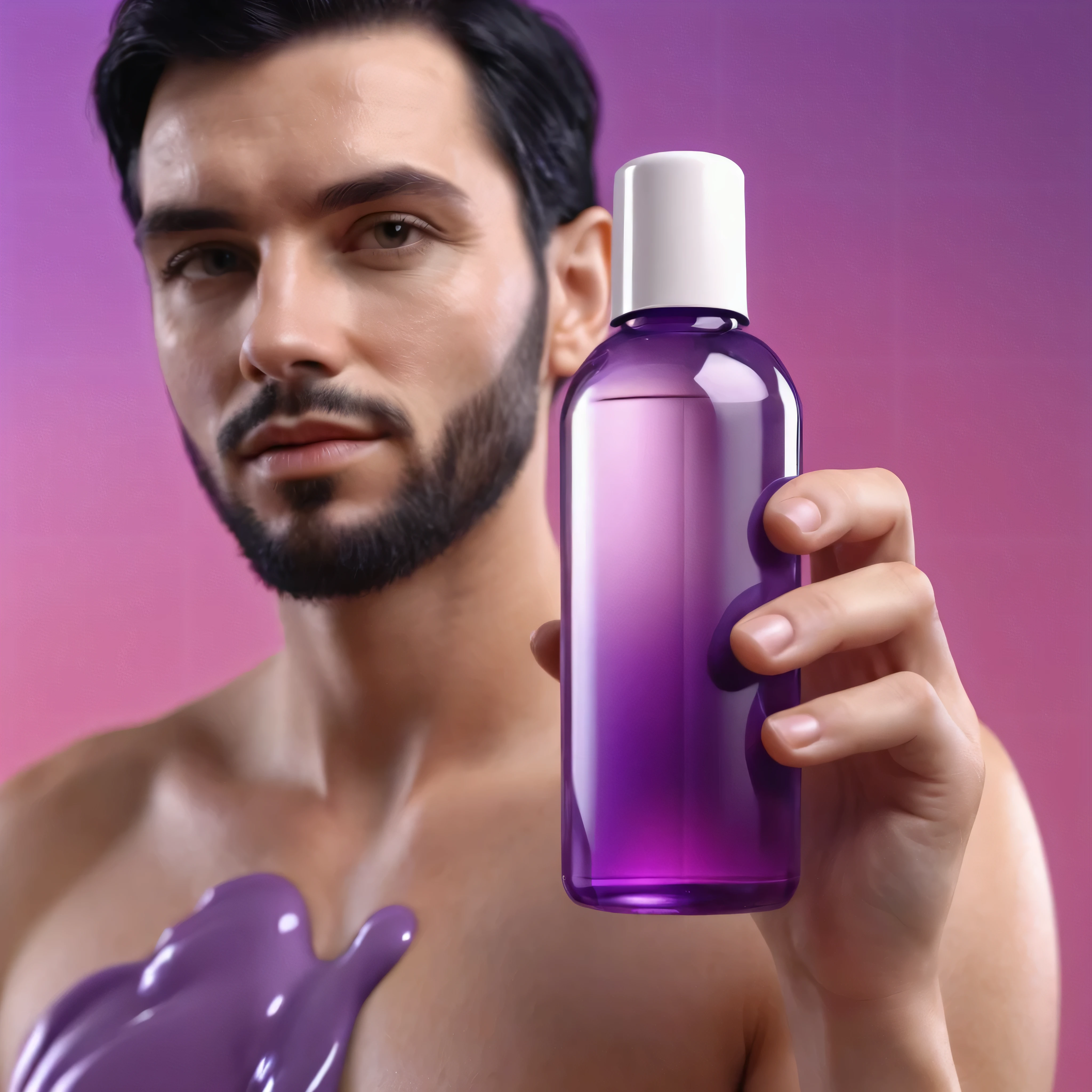 bottle of massage oil in his hand, blackhair sporty white European male hands holding purple bottle of massage oil to her face, that is glowing with pink and purple colours, dripping wet, closeup macro photo, minimalistic, in a light purple and pink style, with soft edges and blurred details, in the toycore style, with a 3D render, on a colorful background, with a minimalist stage design, in a surreal style, with a cinema4D rendering, with a minimalist style, with low saturation, using gradient colors, with a cinema4D rendering, with a blender rendering, with super detail, at a super high resolution, at a super high definition
