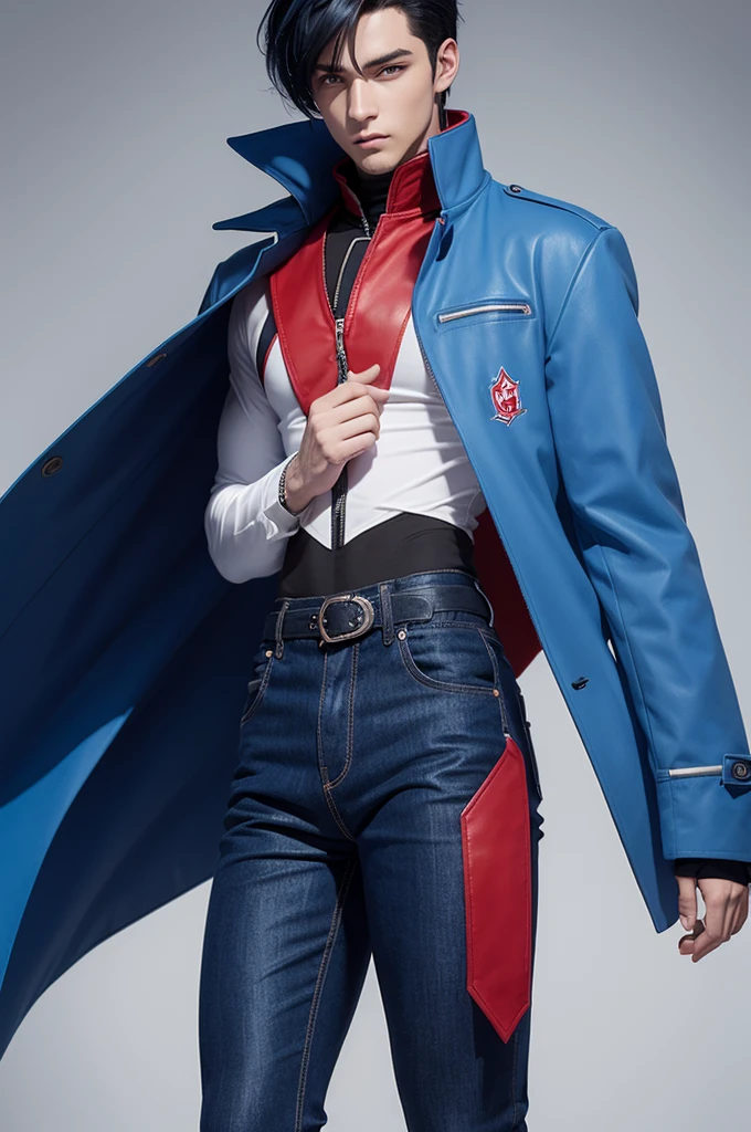 Make a male character with blue pants and a blue coat, red and white with black hair 