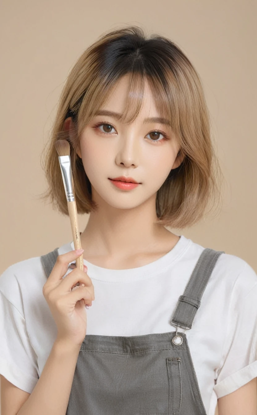 Realistic,Portrait of one girl of young Korean idol with pretty eyes,Upper Body,Pretty blonde Korean bob,indoor,View your audience,Simple beige background,Release your lips,Dark grey tight T-shirt,Beige overalls,In his left hand he holds a palette of paints,Holding a brush in his right hand,Popular Korean makeup,smile,photoRealistic,