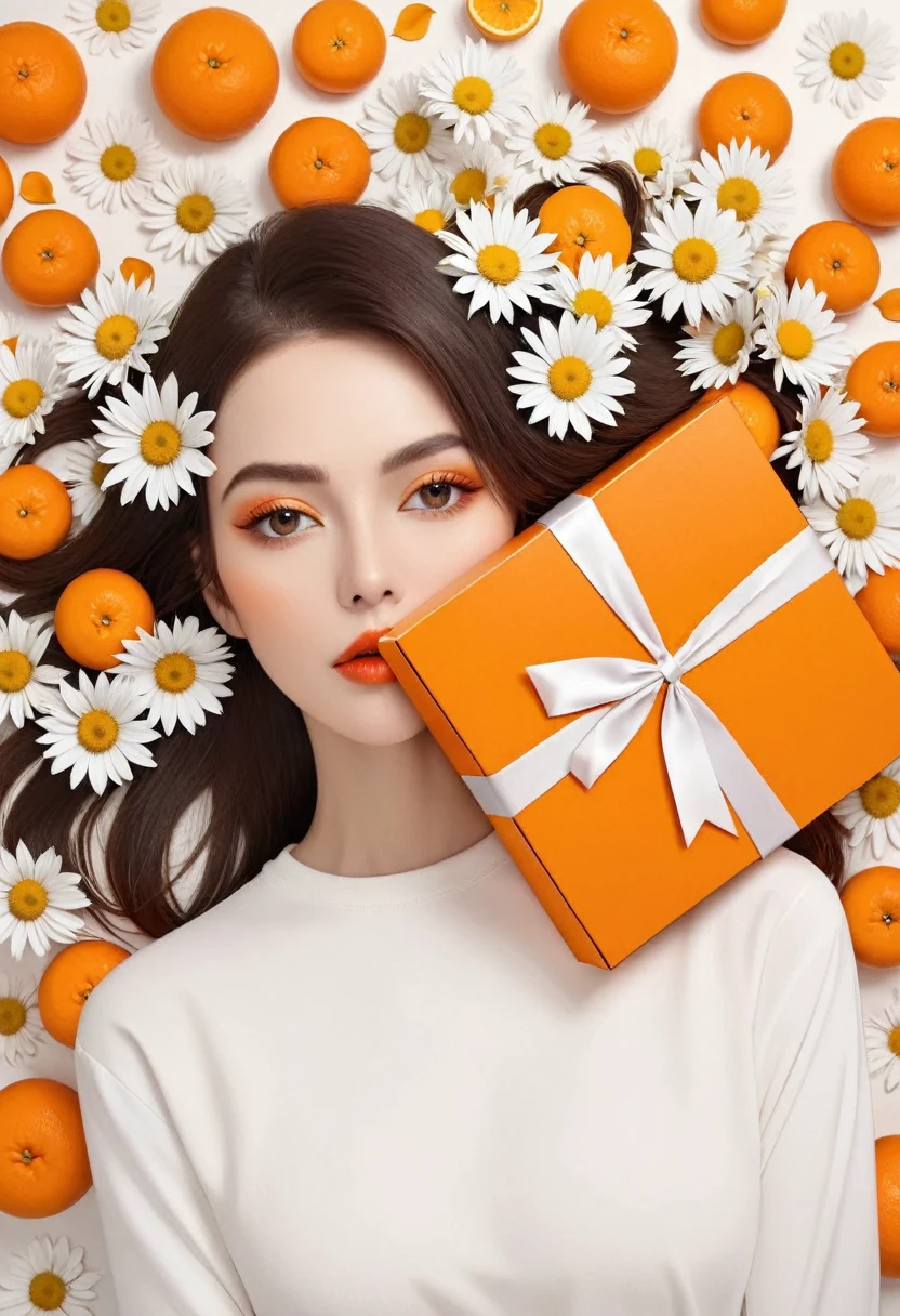 poster design，The face is a giant orange gift box，Flowers，Ribbon，White crewneck shirt，fantasy，Minimalism，fantasy，in style of Hayv Kahraman，in style of Caras Ionut