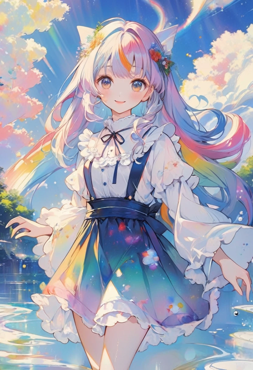 anime smiling girl with long hair and a dress standing in the water, anime style 4 k, anime art wallpaper 8 k, cute anime waifu in a nice dress, anime art wallpaper 4k, anime art wallpaper 4 k, beautiful anime art style, high quality anime artstyle, anime artstyle, beautiful anime artwork, beautiful anime art, splash art anime