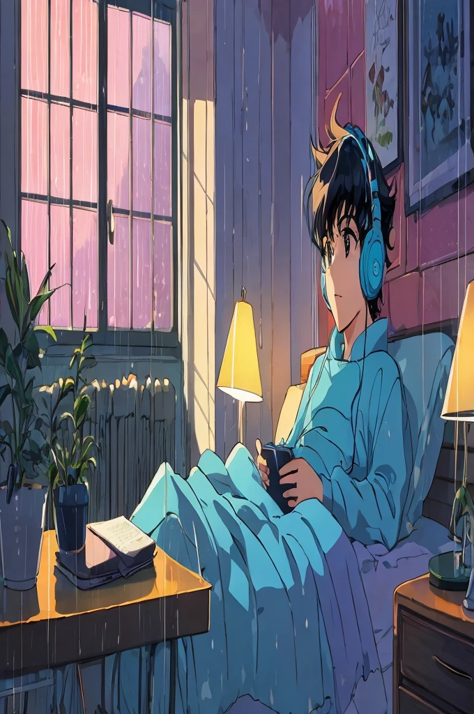 jantar: A young and vibrant character, with typical 80s anime characteristics, is lying in his bed, listening to music on your headphones. He seems calm and immersed in the melody. The room is cozy, with retro 80s style decor. scenario: Uma grande janela de vidro no fundo da sala mostra um scenario externo de chuva intensa. Raindrops run down the window, creating a melancholic and nostalgic effect. The lighting inside the room is soft, with diffused lights that enhance the contrast between the cozy interior environment and the rainy weather outside. Visible atmosphere and style