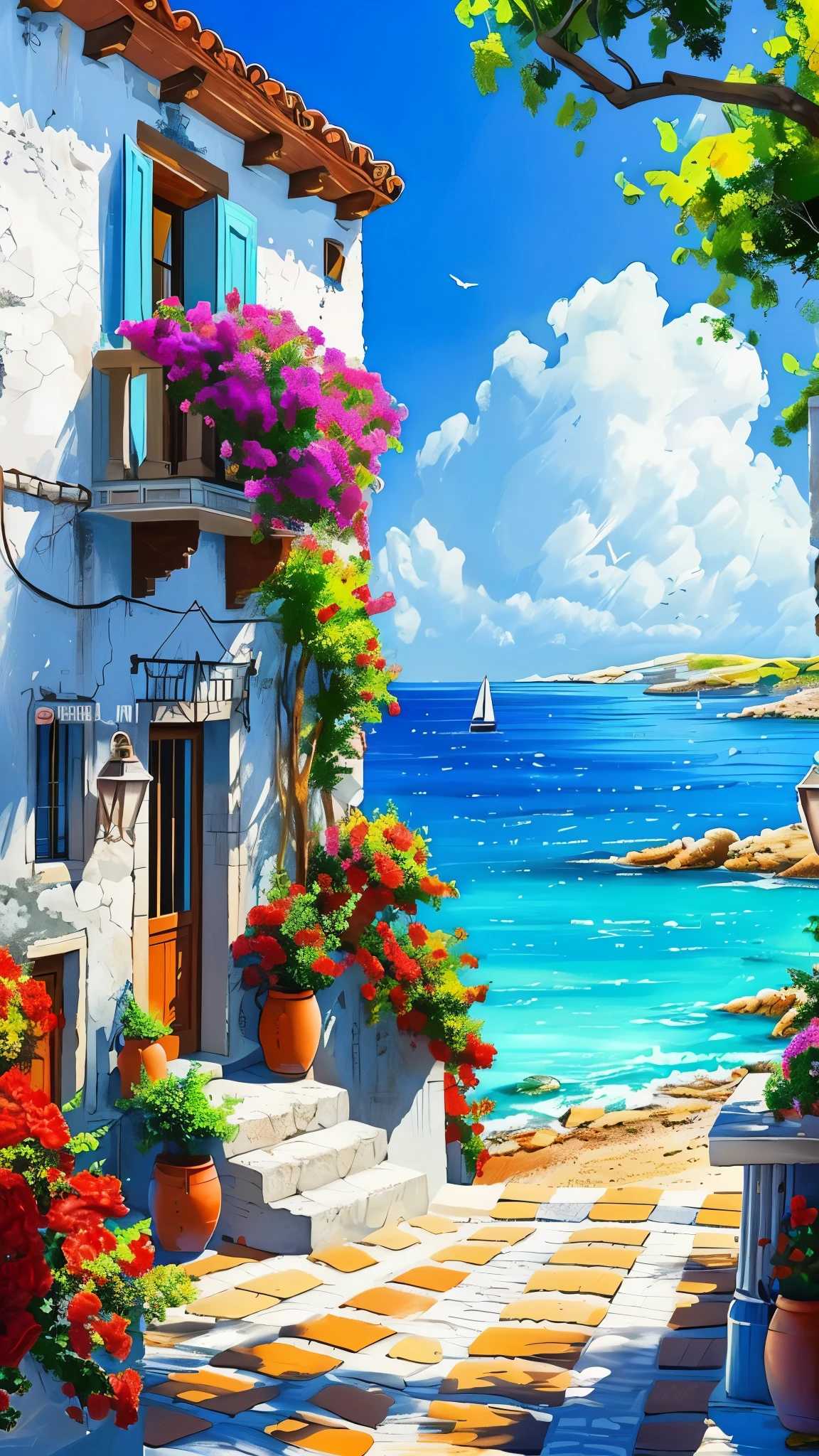 painting of a beautiful beach scene with a house and a boat, mediterranean vista, scenery art detailed, mediterranean island scenery, in a mediterranean lanscape, rich picturesque colors, mediterranean beach background, detailed scenic view, details and vivid colors, mediterranean landscape, flowers sea everywhere, full of colors and rich detail, beautiful scenic view, summer street near a beach, scenery artwork