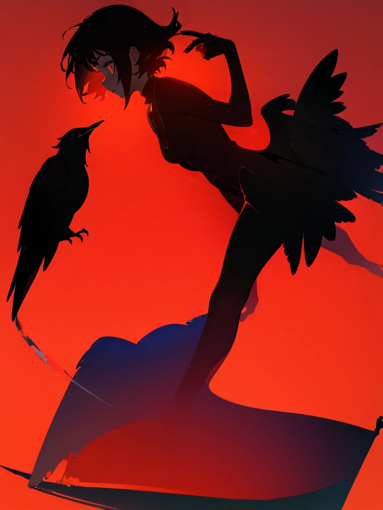 (64k:1.4), (outlines:1.4), (red background:1.4), (silhouette:1.6), masterpiece, best quality, 8k, (hd:1.4), 1 girl, beautiful eyes, black feathers, casual clothes, side body