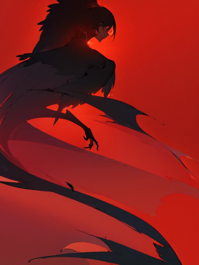 (64k:1.4), (outlines:1.4), (red background:1.4), (silhouette:1.6), masterpiece, best quality, 8k, (hd:1.4), 1 girl, beautiful eyes, black feathers, casual clothes, side body