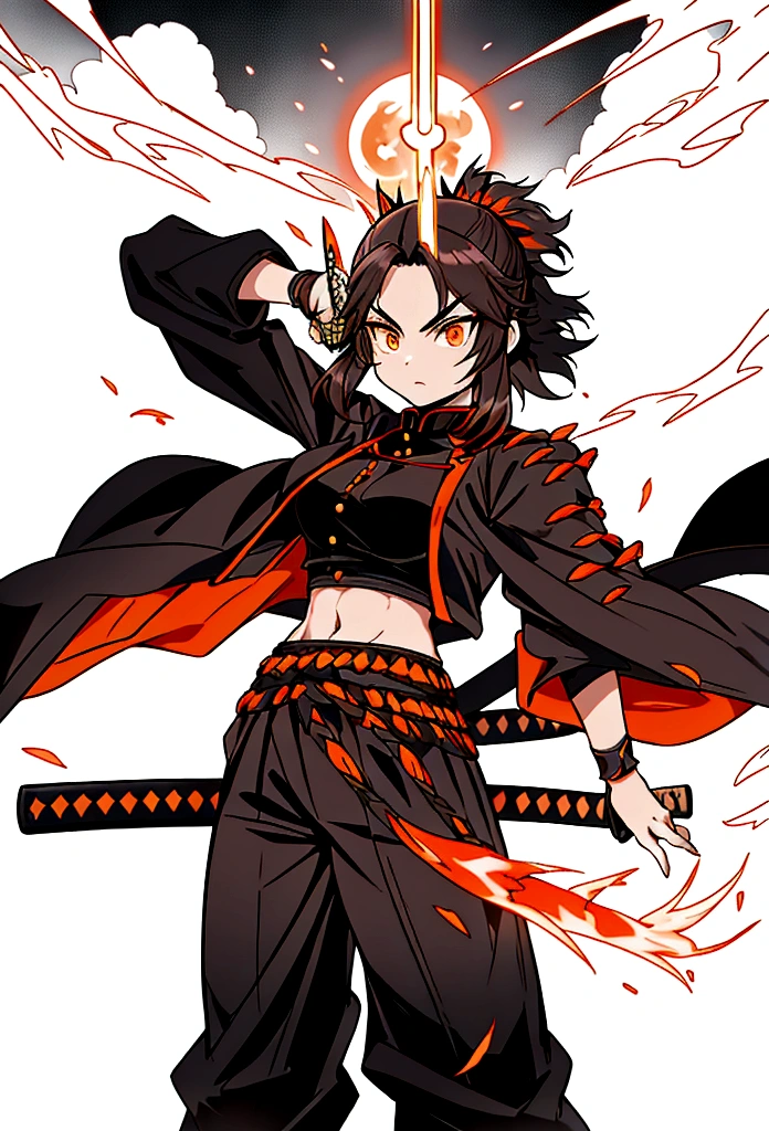 A warrior woman inspired by "Demon Slayer" wears a stylish and powerful Hashira uniform. She wears a black top that reveals her toned stomach, paired with fitted black pants. Black kimono has tips adorned with a gradient of flames, from yellow to orange. She has medium hair, loose and curled, emoldurando seu rosto. His dark brown eyes exude determination and wisdom.. She holds a katana tightly, and around you, there is an aura of dancing flames, reflecting its intense presence. The scenery is dramatic, with a full moon in the sky.
