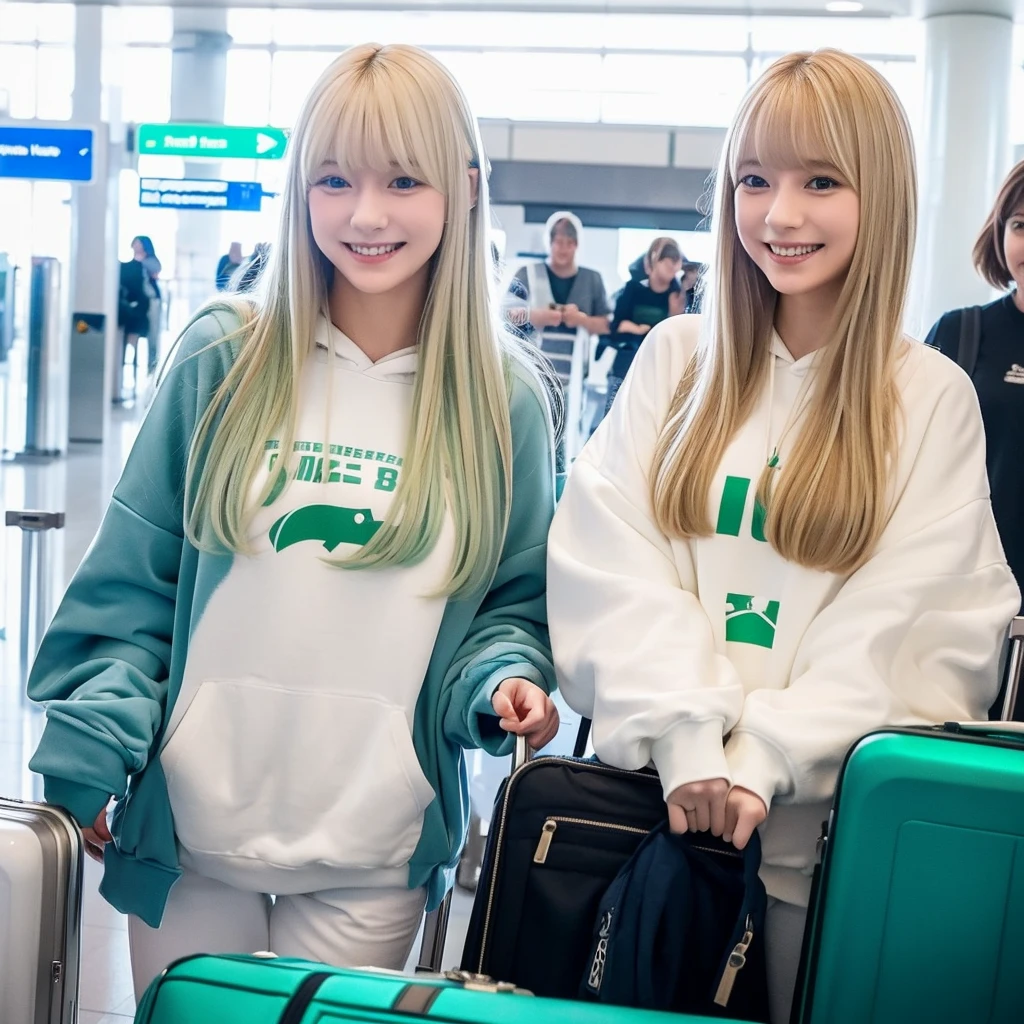 Pale blonde teenage girl with bangs and blue-green eyes soft silky hair, with a white sweatshirt and white pants taking a photo at the airport holding two suitcases and smiling for the photo 