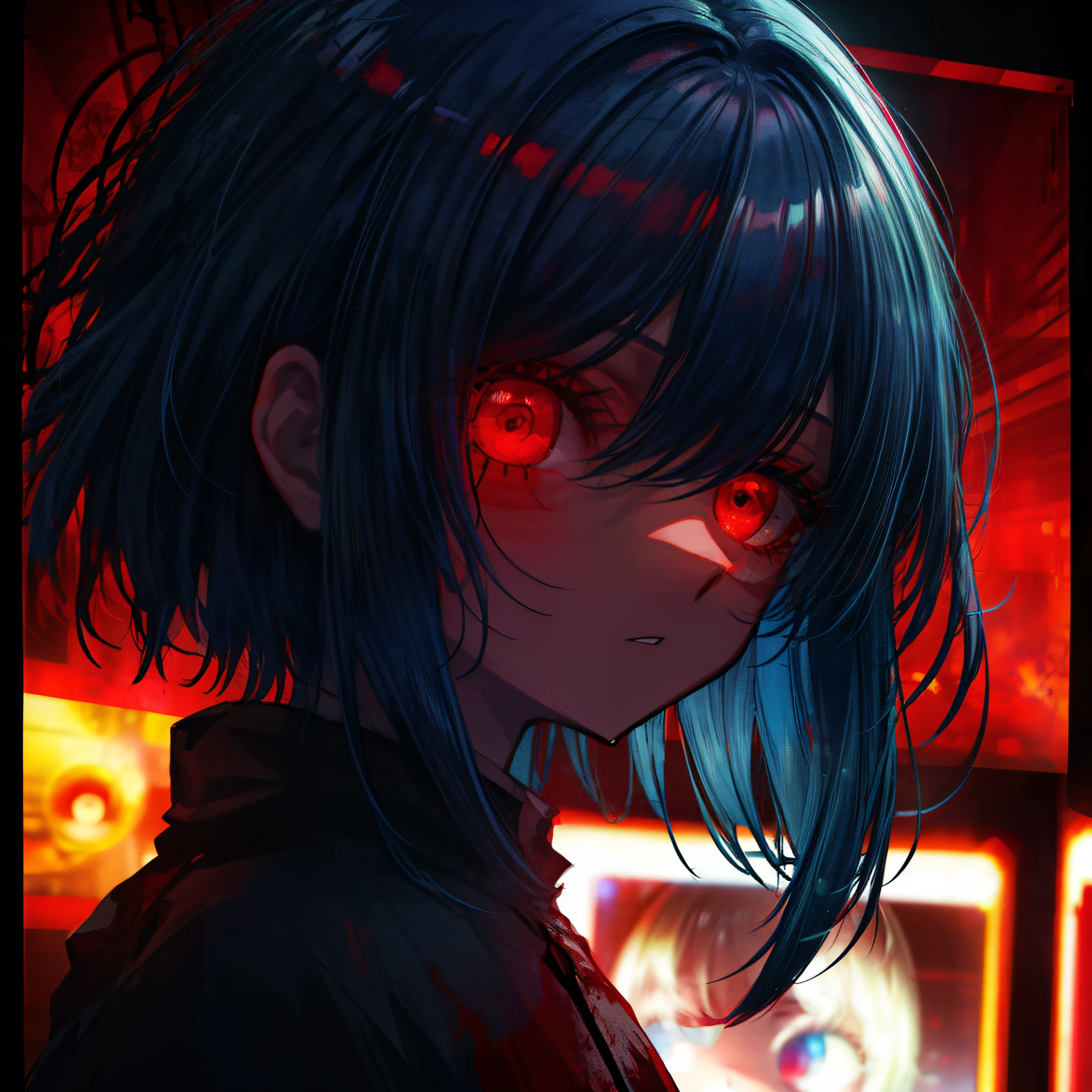 masterpiece, 1 boy, upper body, upclose, girl infront, looks at the viewer, Eyes in TV, Monitors with eyes in background, in doors, red eyes, blood, long blue hair, blue hair, many details, back facing viewer, head turned to look at viewer, emotionless, dim room, only light from tv monitors, monitors with eyes, Many screens showing different things, 1 girl in a screen, detailed eyes in the other screens, well lit, blood on face, blood on hair, blood dripping from eyes, eyes with crosses in them, pale skin, seperate monitors, emotionless face, bright colours, glowing eyes, long hair, white hair, eyes split in half, detailed, neon eyes, beautiful eyes, cool eyes, large monitor screen displaying beautiful eyes in background, girl in the center, silhouette of a girl in the center, red lighting, red eyes, blood, detailed, glowing, dim room, lighting from screens, massive screens displaying giant girl in the background , long hair,in a cinema room, dim lighting, bright lighting, red eyes, girl on screen panel, eyes in screen panels, long red hair, bright red hair, long hair, hair glowing, well lit, detailed, detailed lighting, well lit hair, well lit face, looking at viewer, dim room, screen monitor panels, monitors with girl in them, emotionless expression, eye in monitor screen, lots of monitor panels, sectioned panels, glowing eyes, red eyes,