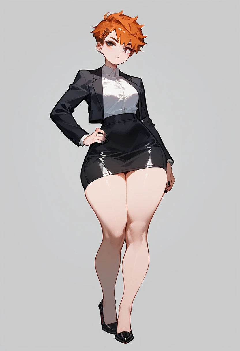 pale young woman, very thick thighs and wide hips, short pixie ginger hair, tight black blazer, tight black pencil skirt, thick thighs pressed together, barefoot, small feet, standing up, black nail polish, bare soles, wearing high heel pumps