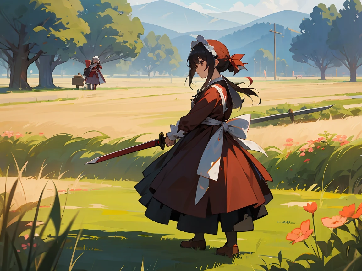 four anime characters in a field with the central woman holding a sword, like the darkness of konosuba a woman with lolita style. Her clothing style is very reminiscent of a generic anime maid, behind them a strong and robust man he is a woodcutter with red and generic clothes he is old, and by his side a small, large dwarf miner in construction clothes.