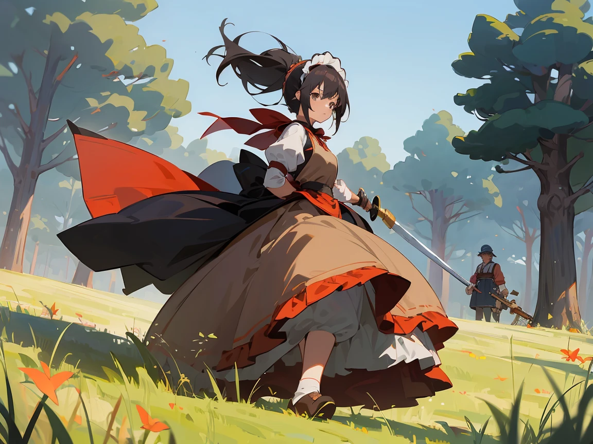 four anime characters in a field with the central woman holding a sword, like the darkness of konosuba a woman with ta style. Her clothing style is very reminiscent of a generic anime maid,  behind them a strong and robust man he is a woodcutter with red and generic clothes he is old, and by his side a small, large dwarf miner in construction clothes.