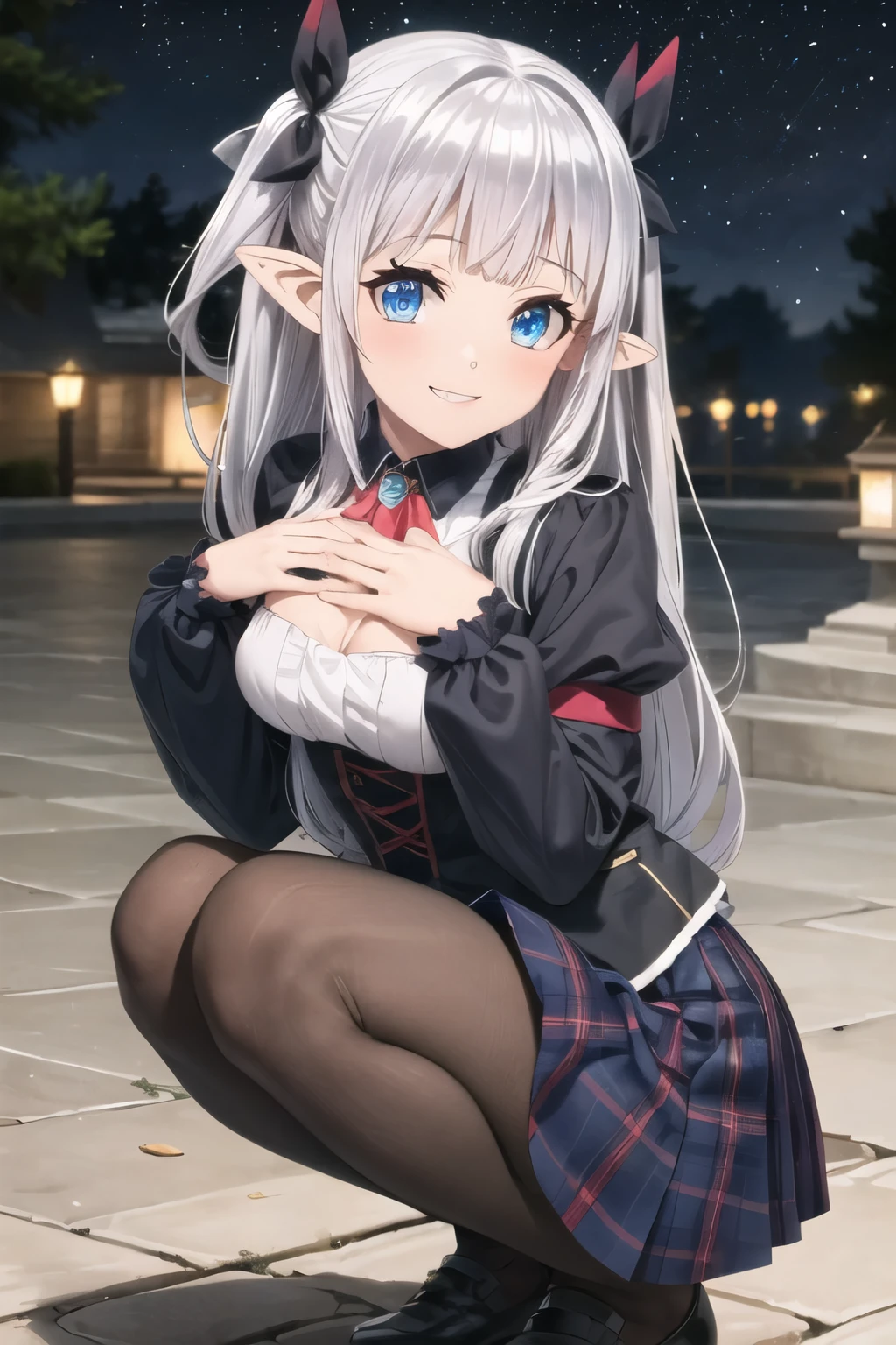 masterpiece, Highest quality, One Girl, alone,
Outdoor, night, Starry Sky,  
Rurururushi。, blue eyes, tsurime, eyelash, Grey Hair, Gray Hair, Long Hair, Both sides up, Blunt bangs, Side Lock, hair ornaments, Hair Ribbon, Black Bow, hair band, black hair band, Pointy Ears, teeth, Medium Chest, 
Ascot, red Ascot, gem, blue gemstone, shirt, white shirt, Cleavage cutout, Jacket, black Jacket, Shrug \(clothing\), Black sleeves, Long sleeve, Puffy sleeves, Underbust, skirt, black skirt,  pleated skirt, pantyhose, red pantyhose, black pumps, Cleavage, 
(View your audience:1.3), Please place your hand on your chest, 
blush, smile, squatting, full body, from above