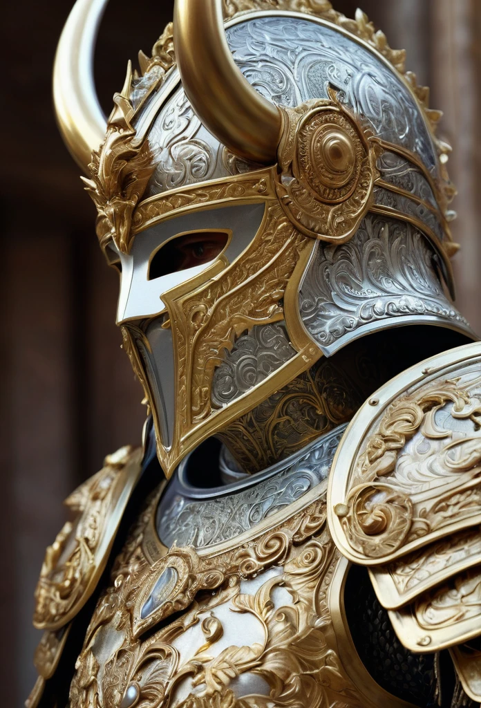 a close up of a person in armor with a horned head, ornamented armor, ornate armor, ornate armour, clothed in ethereal battle armor, clothed in ancient battle armor, intricate etched armor, detailed armor, some curved armor, sophisticated armor, clothed in ethereal armor, wearing ornate armor, armoured warrior, golden etched armor, detailed armour, plated armor