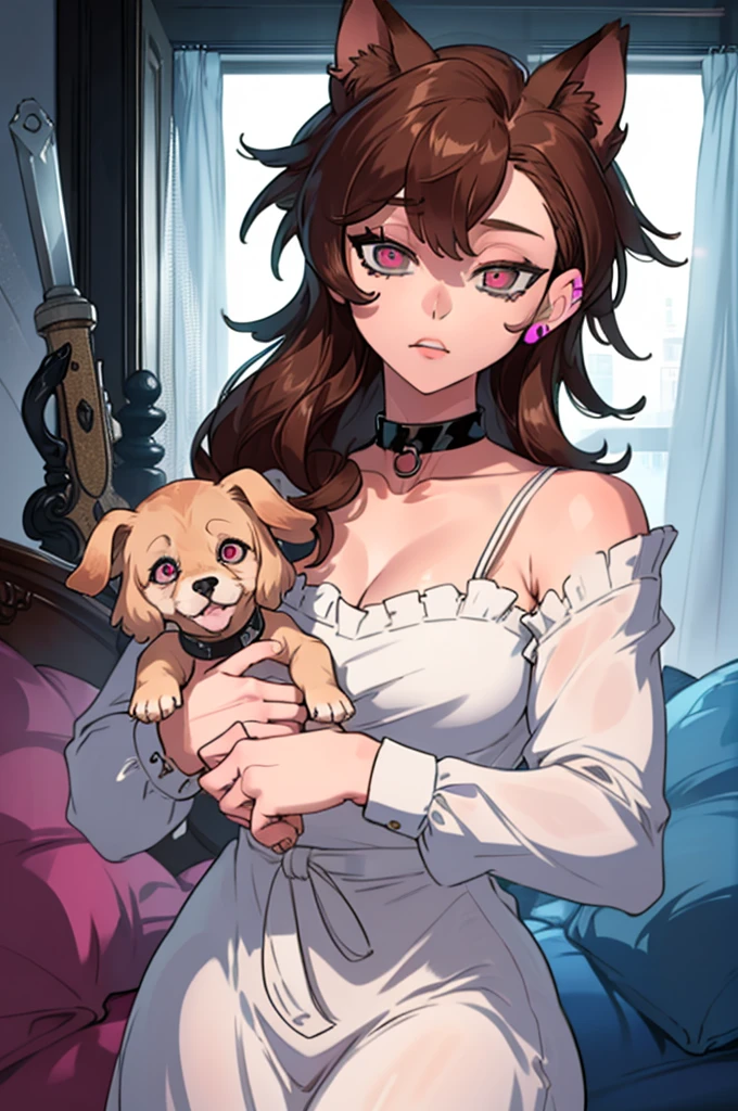 ((masterpiece)), ((detailed, high quality)), girl, cute face:1.2, soft brown hair, super straight hair, ((puppy ears down, floppy ears)), pink eyes, bedroom, close-up, cute pose, very long hair, fluffy bangs, ((dynamic pose)), brown nightgown, sexy, choker