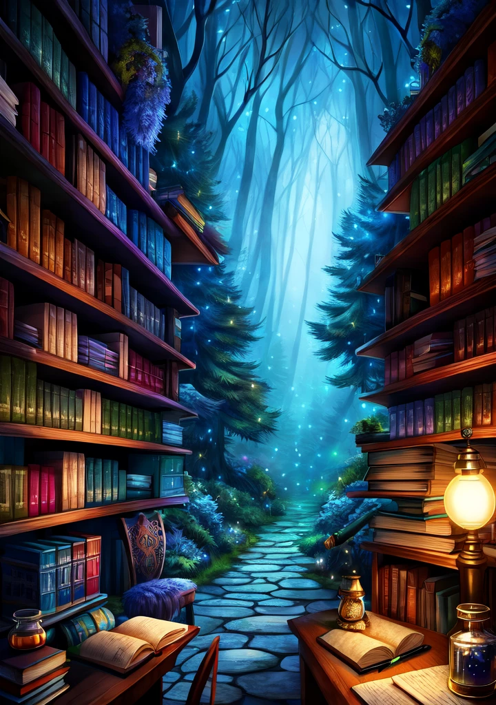 Fantasy forest in bluish tones, with many books, lights, writing pens and ink jars flying