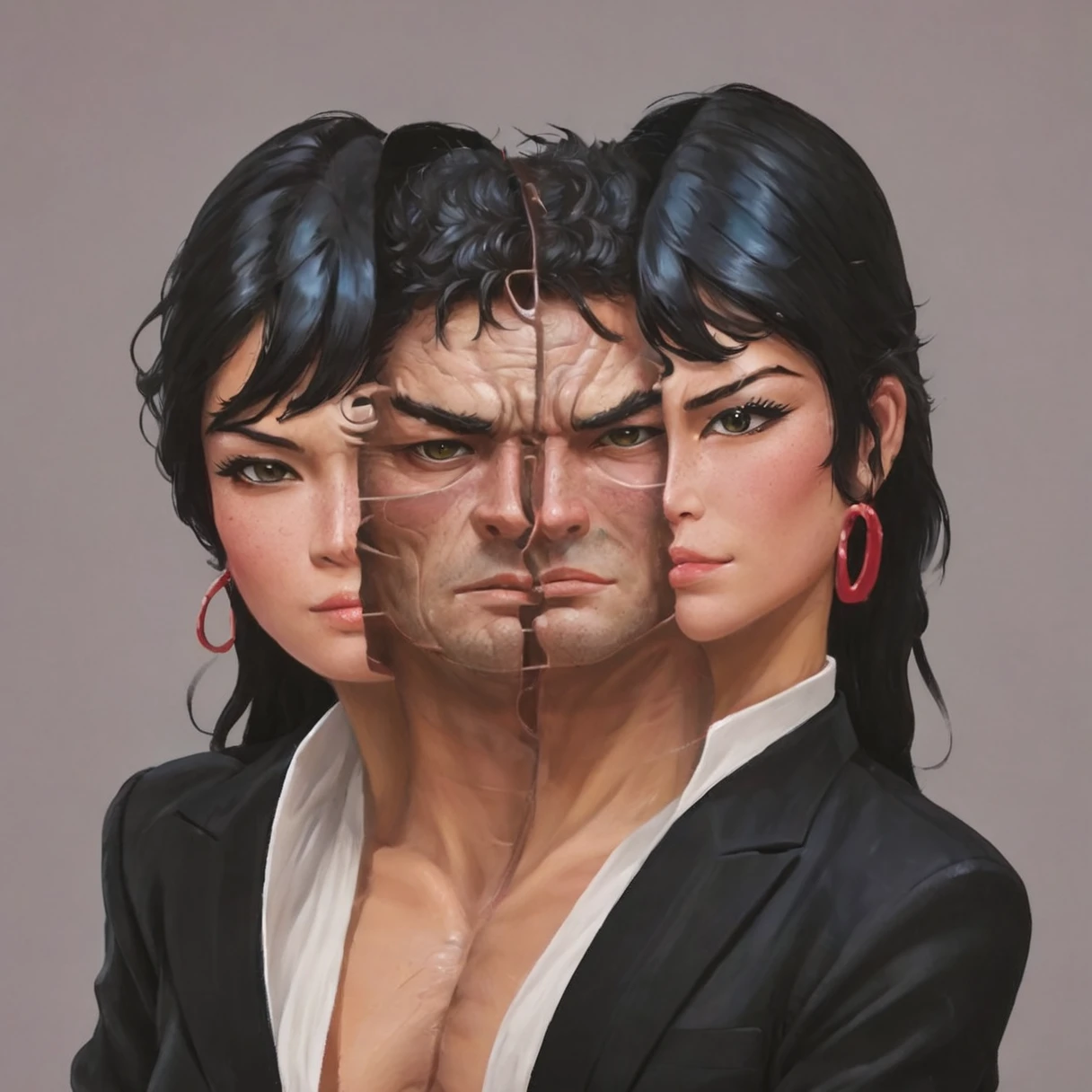 split head and body, split handsome businessman, inside buxom ninja woman winking
