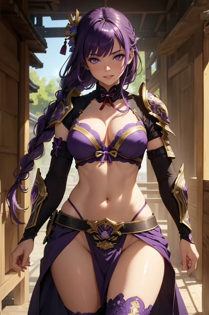 ((1girl, solo)), beautiful body, (perfect anatomy, perfect body, perfect hands, perfect legs), natural proportions, sexy body, large breasts, cowboy shot BREAK
((extremely detailed face)), (beautiful detailed eyes:1.6), (realistic pupils, realistic iris:1), expressive eyes, looking at viewer, (clear eyes:1.3), (hyperrealistic:1.2), (detailed skin texture:1.2), smooth skin, (raiden shogun), (purple hair:1.5), (purple eyes), long hair, very long hair, braid, ((braided ponytail)), bangs, parted bangs, hair ornament, hair flower, hair tie, ((mature female)), (grin:1.1), (detailed lips:1.3), (attractive lips:1.1), (glossy lips:1.1), (parted lips), perfect face, perfect eyes BREAK
(revealing clothes:1.5), (samurai armor), (japanese armor:1.5), cleavage, bra, (shoulder armor:1.4), (arm guard:1.5), stomach, navel, (groin:1.5), (highleg:1.5), (pelvic curtain:1.4), thighs, purple thighhighs, tassel, shimenawa bow BREAK
(masterpiece:1.5), anime-style, top quality, best quality, (beautiful and aesthetic:1.2), (ultra detail:1.5), ultra-detailed depiction, ultra-precise depiction, extremely detailed 8k illustration, high resolution, (highly detailed shading:1.2), (realistic lighting:1.4), perfect lighting, vibrant colors, dynamic tones, striking hues, 8k, absurd resolution, perfect shadows, hdr, UHD, ambient lighting, realistic, ultra-realistic, photo realistic, highly detailed, rich detail, luminous colors, fine texture, intricate design, professional illustration, (soft light:1.2), (illustration:0.7)