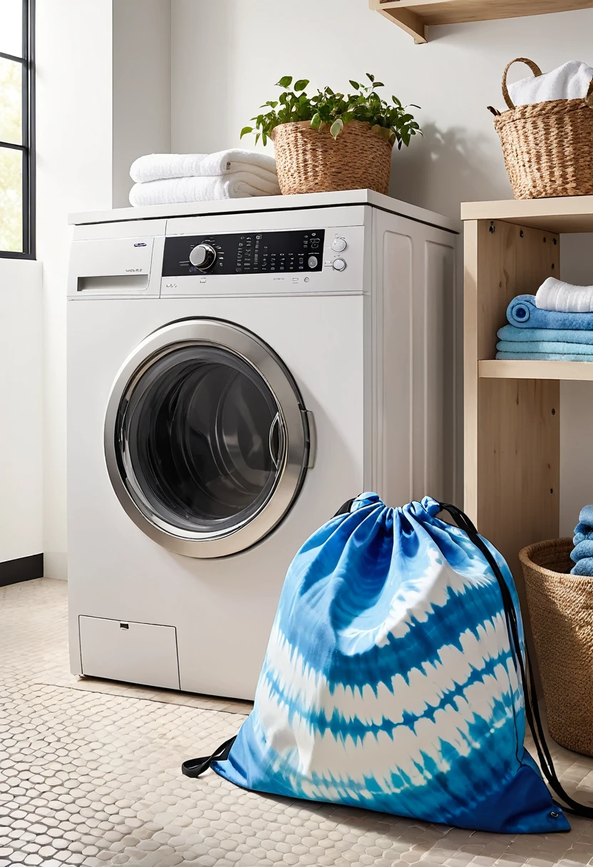 1 oversized blue tie-dye patterned dirty clothes bag in the laundry room,Black drawstring,