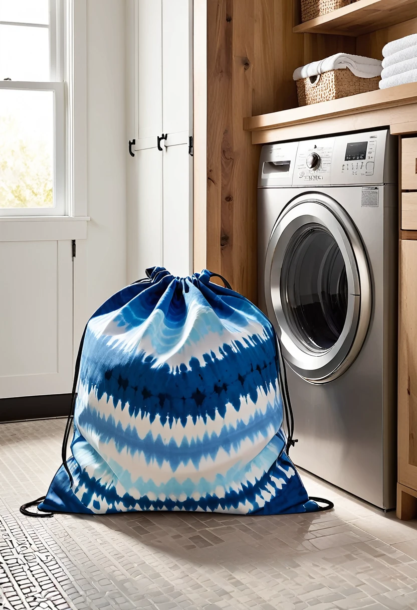 1 oversized blue tie-dye patterned dirty clothes bag in the laundry room,Black drawstring,