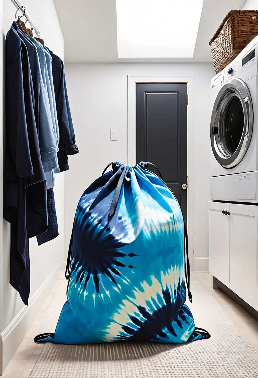 1 oversized blue tie-dye patterned dirty clothes bag in the laundry room,Black drawstring,