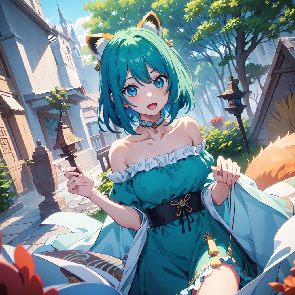 masterpiece、Very detailed、(1 girl)、Blue-green hair、knight、dress、Chest、breast enhancement、Big eyes、Close-up、Laughter、8K、short hair、Red Panda、(((Anime Style)))、Bright Eyes、Blue Eyes、Open your mouth、Beautiful scenery in the background、Detailed equipment、Detailed accessories