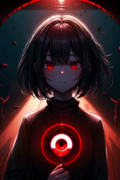 a masterpiece, a woman with red eyes stands in front of a window, beautiful eyes are visible on a large monitor screen in the background, a girl in the center, a silhouette of a girl in the center, red lighting, red eyes, blood, detailed, luminous, dim room, lighting from screens, monitor panels that depict girls, on monitor panels eyes are visible, many eyes.