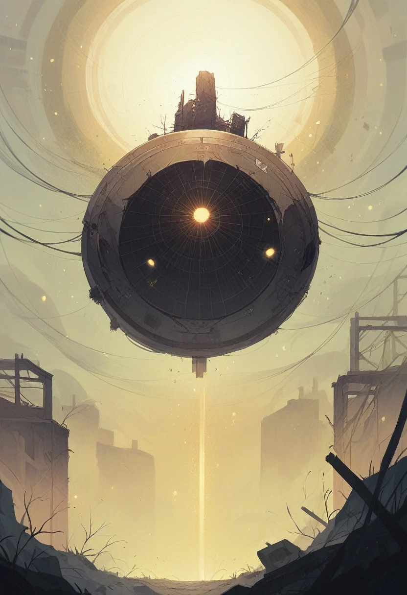 On the empty wasteland，Surrounded by many hazy golden particles floating in the air，Mysterious atmosphere，Hazy abstract future beauty