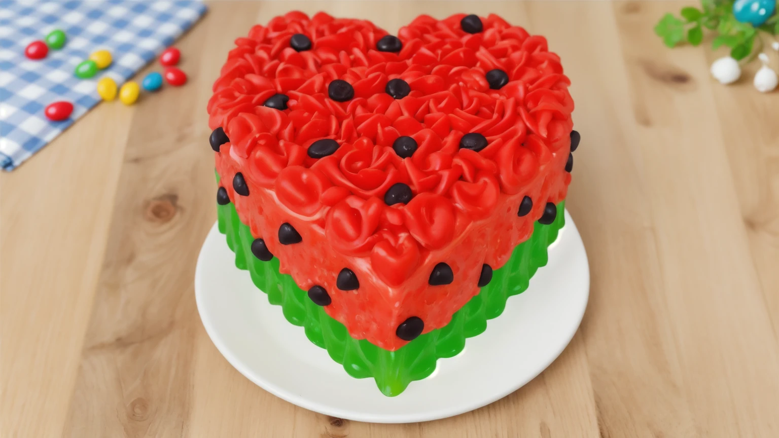 on a wooden table, there is a heart-shaped cake on a white plate,. red and green cream cake. there is a blue checkered tablecloth on the table next to it, scattered rainbow jelly beans, chamomile lies, Multiple light sources, bright lighting, Realistic style , realistic texture, detailed texture, A high resolution, high quality, macro photo, ultra hd 4k quality.