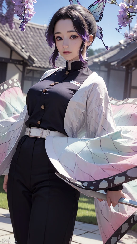 Ultra-realistic 8k CG,masterpiece,((ultra-detailed background, delicate pattern, intricate details)),best quality,very detailed face,extremely detailed eyes and face,extremely detailed eyes,kochou shinobu,multicolored hair,no bangs,hair intakes,purple eyes,forehead,black shirt,black pants,haori,butterfly,buttons,belt,(Garden:1.2),purple flower,chibi,cloudy sky,sunlight,Tindal effect,gradient_sky,face,Gorgeous sky,Waist Sabre,Charming posture, standing, idle, hand on hip, foot