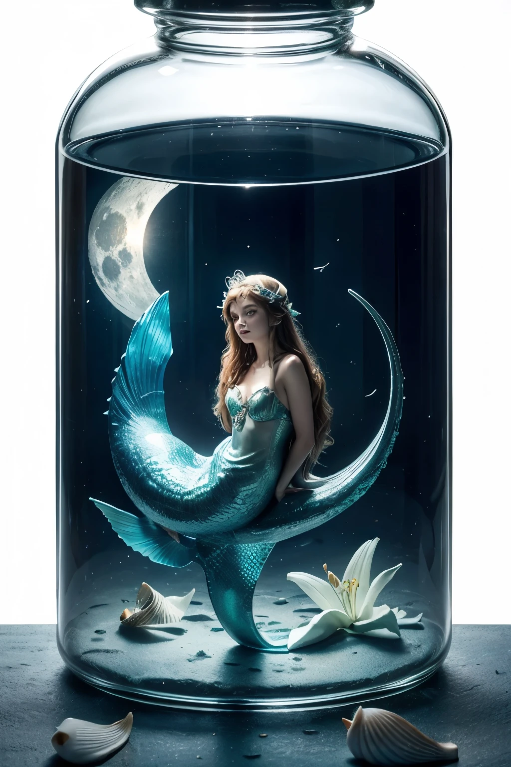 Mermaid trapped in a glass jar asking for help from a sailor looking at the sky, anchor at the bottom of the sea, moon shining, stones shells and lilies