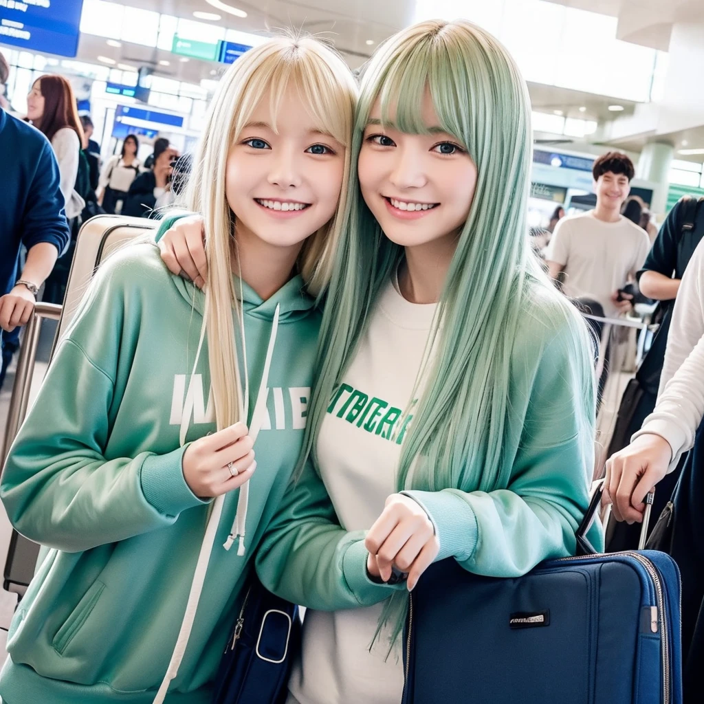 Pale blonde teenage girl with bangs and blue-green eyes soft silky hair, with a white sweatshirt and white pants taking a photo at the airport with his family, holding two suitcases and smiling at the photo 