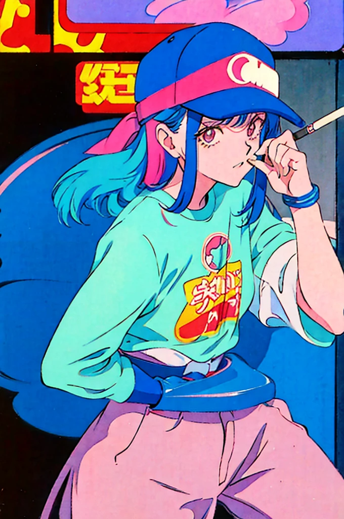 Woman in baseball cap,He is holding up a cigarette and smoking.。, Anime atmosphere of the 80s, 90s anime style, 90s anime style, 80s anime style, In 80s anime art style, 90s anime art style, Anime atmosphere, 80s anime art style, 1980's anime style,Neon Light