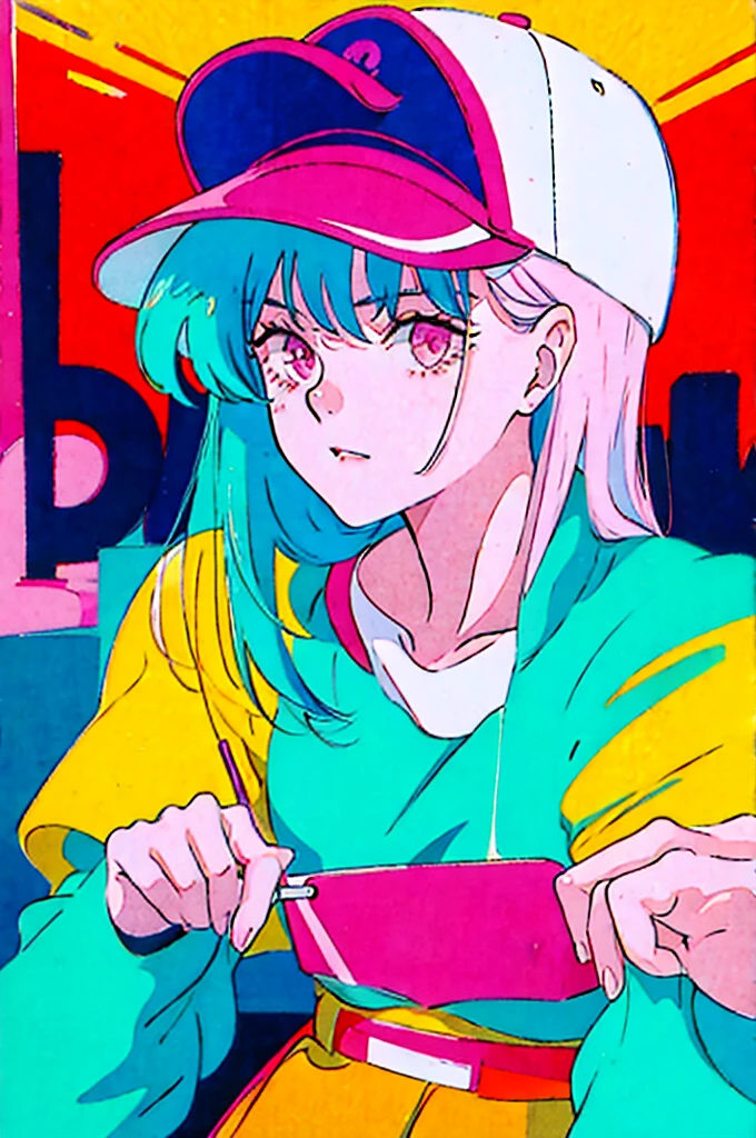 Woman in baseball cap,He is holding up a cigarette and smoking.。, Anime atmosphere of the 80s, 90s anime style, 90s anime style, 80s anime style, In 80s anime art style, 90s anime art style, Anime atmosphere, 80s anime art style, 1980's anime style,Neon Light