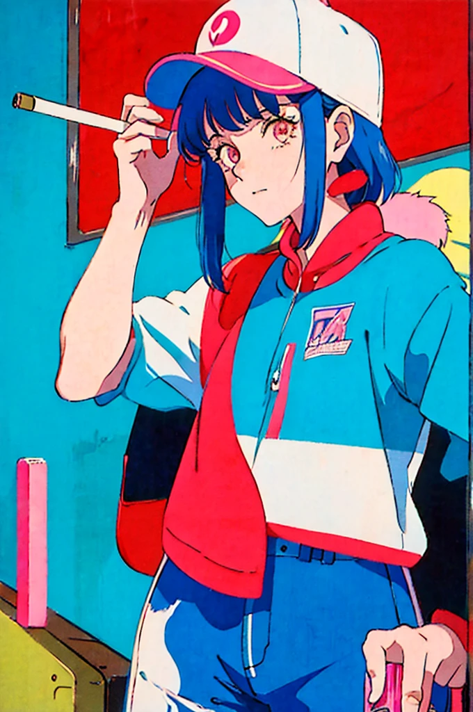 Woman in baseball cap,He is holding up a cigarette and smoking.。, Anime atmosphere of the 80s, 90s anime style, 90s anime style, 80s anime style, In 80s anime art style, 90s anime art style, Anime atmosphere, 80s anime art style, 1980's anime style,Neon Light