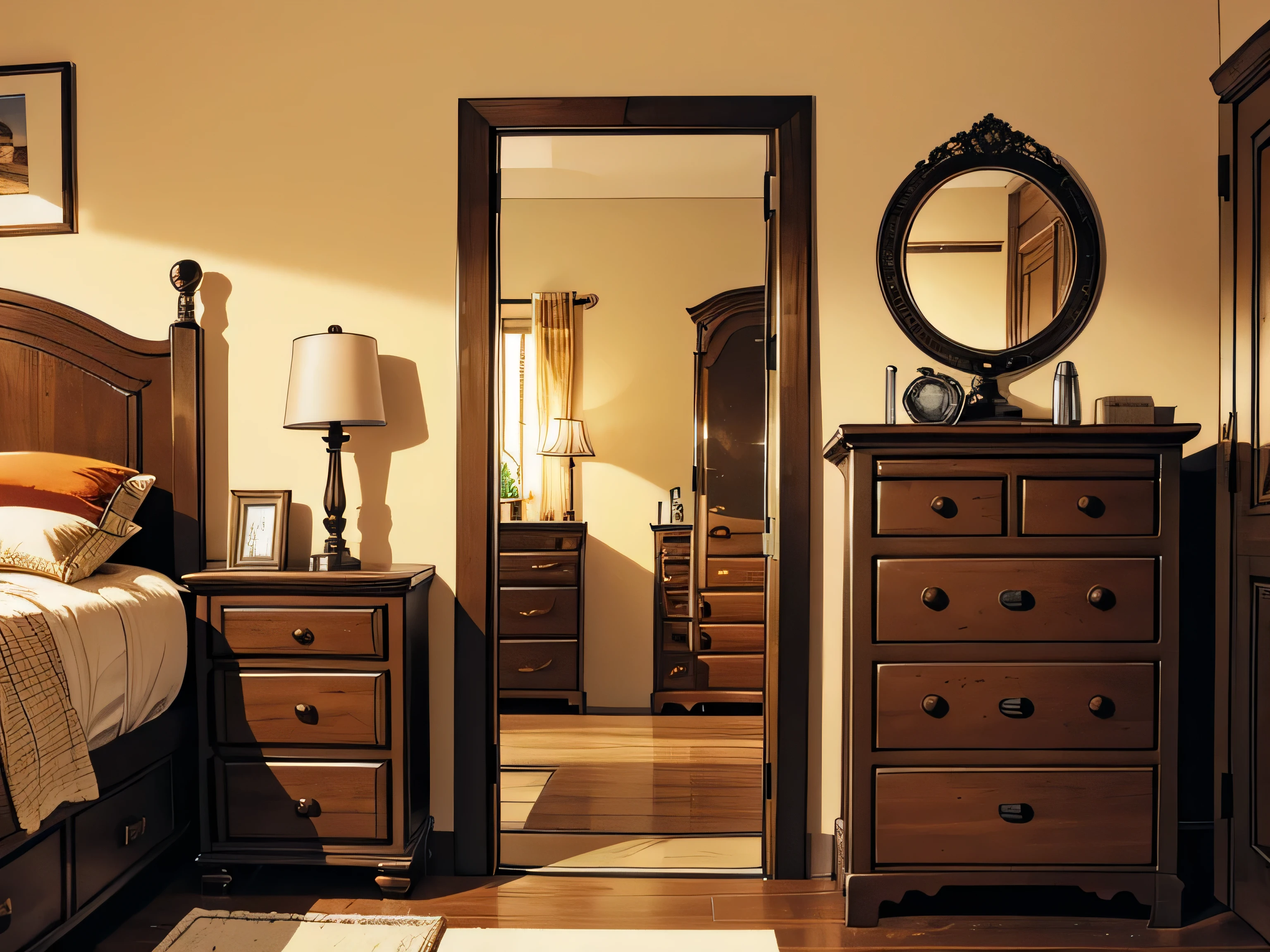 panoramic view plan, a fat man standing adjusting his shirt in front of the mirror. In the bedroom there is a bedside table as well as an antique chest of drawers with several drawers..