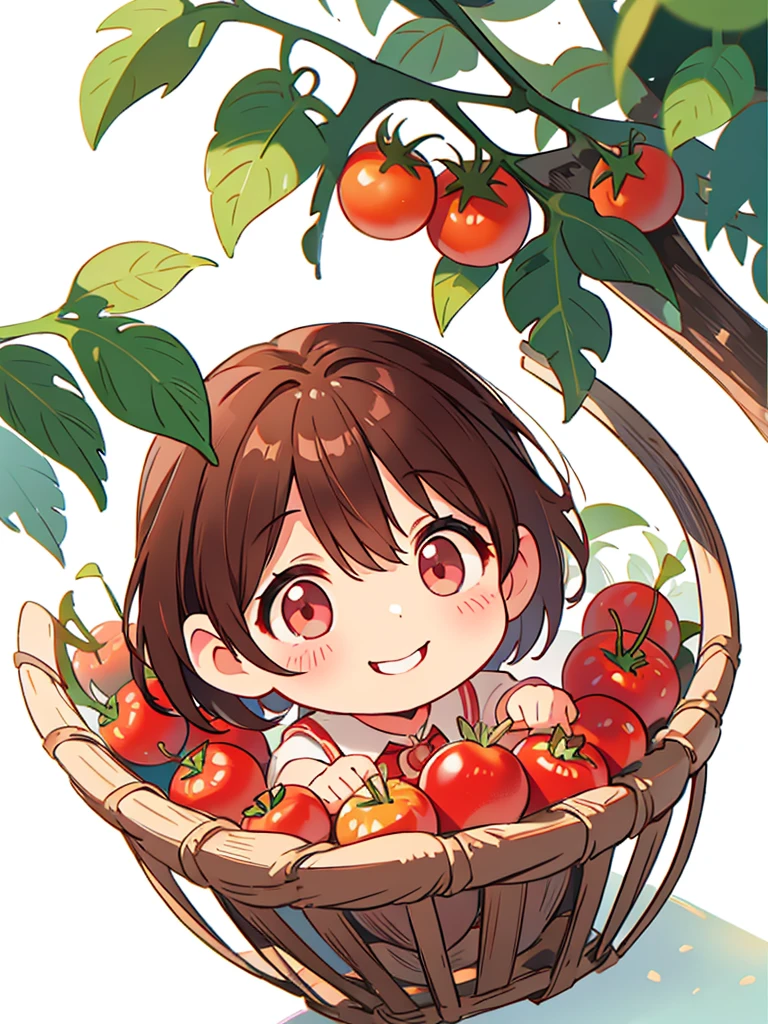 Realistic、Chibi Girl（Cherry tomato harvest、Many cherry tomatoes in a basket、smile）