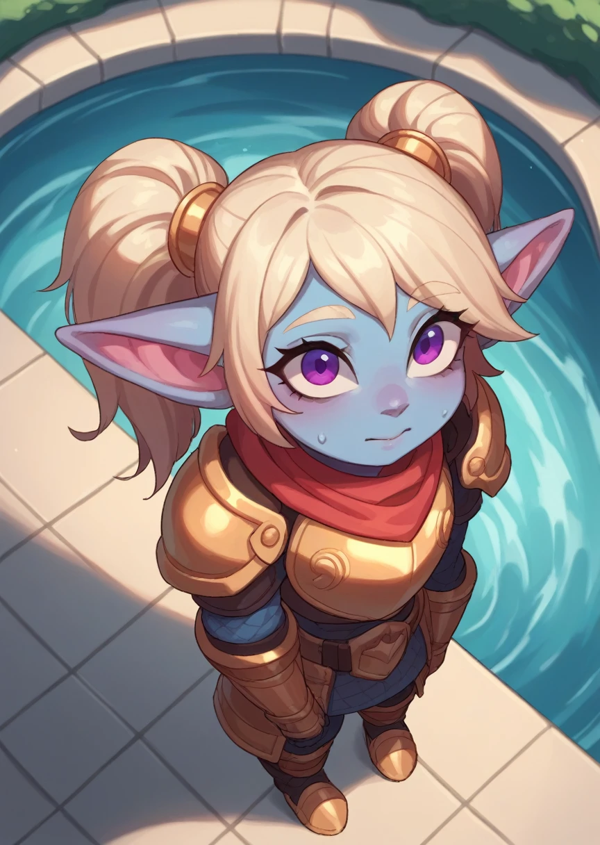 score_9, score_8_above, score_7_above, score_6_above, fountain_cheered up,
1 girl, Alone,  poppylol, colored skin, rubio_Hair, purple_eyes, armor pop, armor, scarf,