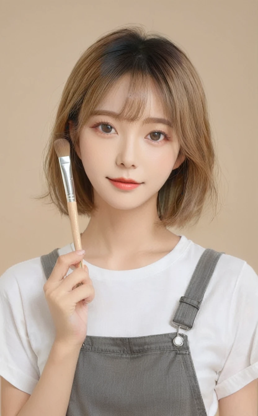 Realistic,Portrait of one girl of young Korean idol with pretty eyes,Upper Body,Pretty blonde Korean bob,indoor,View your audience,Simple beige background,可愛いsmile,,Dark grey tight T-shirt,Beige overalls,In his left hand he holds a palette of paints,Holding a brush in his right hand,Popular Korean makeup,smile,photoRealistic,