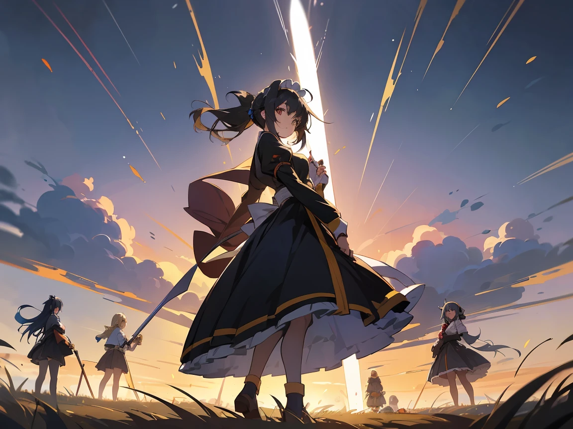 FOUR DISTINCT anime characters in a field with the central woman holding a sword, like the darkness of konosuba, a woman with lolita style on her side and around her a spiritual aura exuding, their style of clothing is very reminiscent of a generic anime maid, behind them a robust old lumberjack, and by his side a dwarf miner